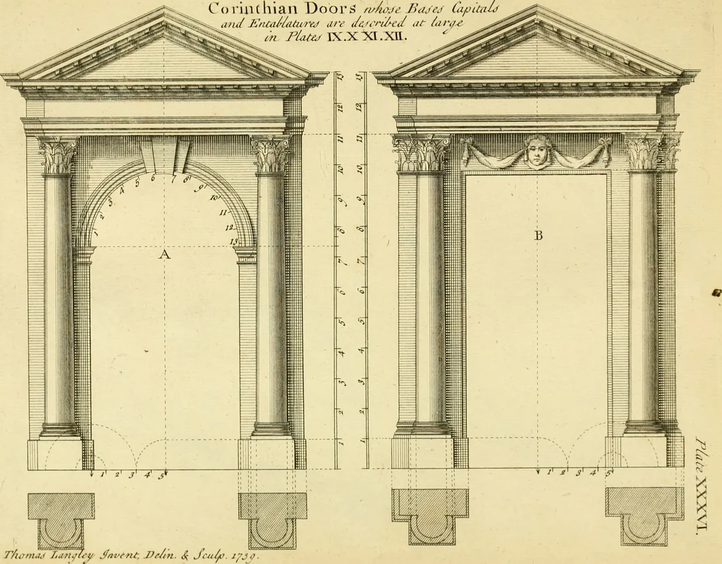 An illustration from The city and country builder's and workman's treasury of designs : or, The art of drawing and working the ornamental parts of architecture. Illustrated by upwards of four hundred grand designs, neatly engraved one hundred and eighty-fix Copper plates, for piers, gates, doors, windowns, niches, buffets, cisterns, chimney pieces, tabernacle frames, pavements, frets, gulochi's, pulpits, types, altar pieces, monuments, fonts, obelisques, pedestals, for sun-dials, busto's and stone tables, book-cafes, cielings and iron works ; proprortioned by Aliquot Pars ; with an appendix of fourteen plates of strusses for girders and beams, different sorts of rafters, and a variety of roofs, &c ; to which are prefix'd the five orders of columns, according to Andrea Palladio ; whose members are apportioned by Aliquot Pars, in a more easy manner, than has yet been done ; the whole interspersed with sure rules for working all the varieties of raking members in pediments, modilions, &c. the like, for the immediate use of workmen, never published before in any language, 1741, leaf 98