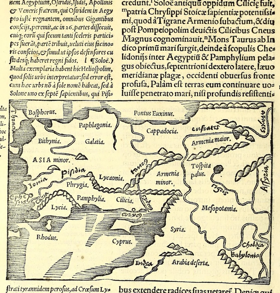 An illustration from C. Iulii Solini Polyhistor, rerum toto orbe memorabilium thesaurus locupletissimus. : Huic ob argumenti similitudinem Pomponii Melæ De situ orbis libros tres, fide diligentiaque summa denuò iam recognitos, adiunximus. His accesserunt præter priora scholia & tabulas geographicas permultas, Petri quoq[ue] Olivarii Valentini, uiri in geographia excellenter docti, annotationes, quibus & loci non pauci, à plerisq[ue] parum hactenus intellecti, dilucidè illustrantur, & uetustis locorum appellationibus recentiora sigillatim nomina subijciuntur. Cum gemino indice, quorum alter supra res alias memorabiles, locorum ac regionum omnium, marium ac sinuum nomina, alter uerò recentiores eorundem appellationes complectitur, 1543, leaf 138