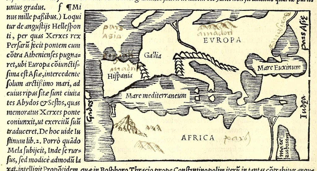 An illustration from C. Iulii Solini Polyhistor, rerum toto orbe memorabilium thesaurus locupletissimus. : Huic ob argumenti similitudinem Pomponii Melæ De situ orbis libros tres, fide diligentiaque summa denuò iam recognitos, adiunximus. His accesserunt præter priora scholia & tabulas geographicas permultas, Petri quoq[ue] Olivarii Valentini, uiri in geographia excellenter docti, annotationes, quibus & loci non pauci, à plerisq[ue] parum hactenus intellecti, dilucidè illustrantur, & uetustis locorum appellationibus recentiora sigillatim nomina subijciuntur. Cum gemino indice, quorum alter supra res alias memorabiles, locorum ac regionum omnium, marium ac sinuum nomina, alter uerò recentiores eorundem appellationes complectitur, 1543, leaf 178