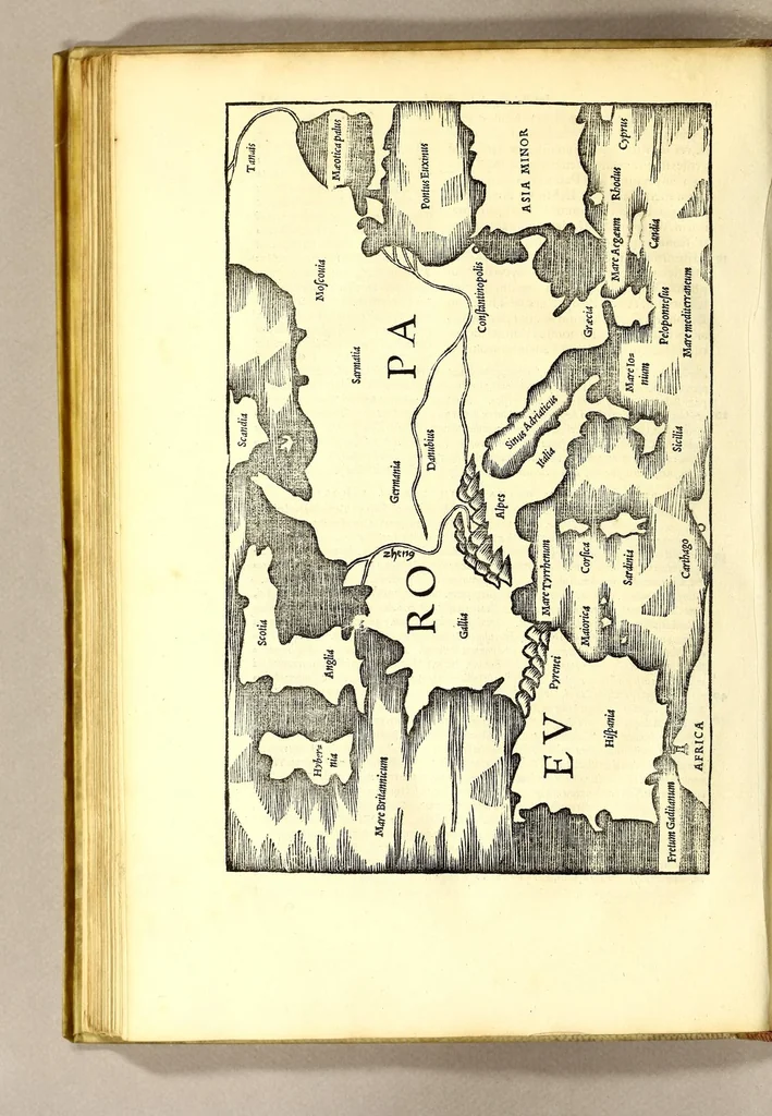 An illustration from C. Iulii Solini Polyhistor, rerum toto orbe memorabilium thesaurus locupletissimus. : Huic ob argumenti similitudinem Pomponii Melæ De situ orbis libros tres, fide diligentiaque summa denuò iam recognitos, adiunximus. His accesserunt præter priora scholia & tabulas geographicas permultas, Petri quoq[ue] Olivarii Valentini, uiri in geographia excellenter docti, annotationes, quibus & loci non pauci, à plerisq[ue] parum hactenus intellecti, dilucidè illustrantur, & uetustis locorum appellationibus recentiora sigillatim nomina subijciuntur. Cum gemino indice, quorum alter supra res alias memorabiles, locorum ac regionum omnium, marium ac sinuum nomina, alter uerò recentiores eorundem appellationes complectitur, 1543, leaf 182