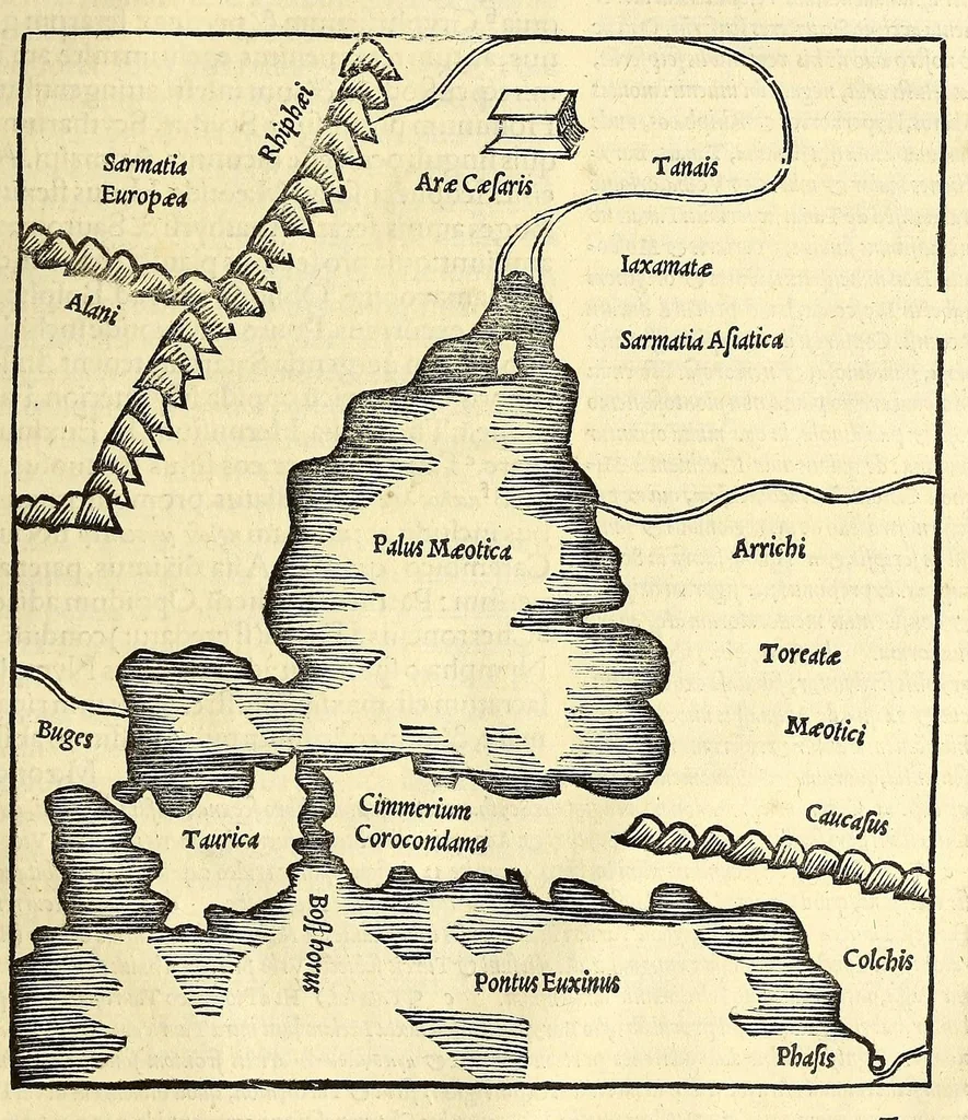 An illustration from C. Iulii Solini Polyhistor, rerum toto orbe memorabilium thesaurus locupletissimus. : Huic ob argumenti similitudinem Pomponii Melæ De situ orbis libros tres, fide diligentiaque summa denuò iam recognitos, adiunximus. His accesserunt præter priora scholia & tabulas geographicas permultas, Petri quoq[ue] Olivarii Valentini, uiri in geographia excellenter docti, annotationes, quibus & loci non pauci, à plerisq[ue] parum hactenus intellecti, dilucidè illustrantur, & uetustis locorum appellationibus recentiora sigillatim nomina subijciuntur. Cum gemino indice, quorum alter supra res alias memorabiles, locorum ac regionum omnium, marium ac sinuum nomina, alter uerò recentiores eorundem appellationes complectitur, 1543, leaf 207