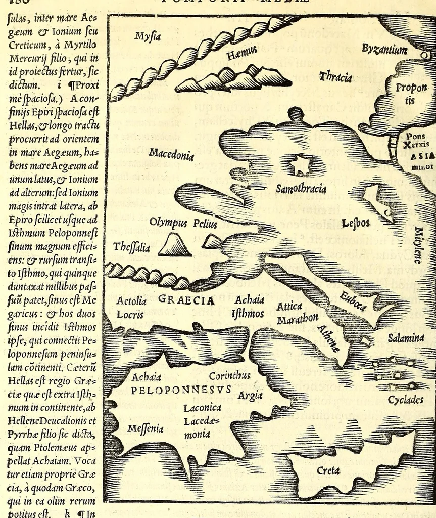 An illustration from C. Iulii Solini Polyhistor, rerum toto orbe memorabilium thesaurus locupletissimus. : Huic ob argumenti similitudinem Pomponii Melæ De situ orbis libros tres, fide diligentiaque summa denuò iam recognitos, adiunximus. His accesserunt præter priora scholia & tabulas geographicas permultas, Petri quoq[ue] Olivarii Valentini, uiri in geographia excellenter docti, annotationes, quibus & loci non pauci, à plerisq[ue] parum hactenus intellecti, dilucidè illustrantur, & uetustis locorum appellationibus recentiora sigillatim nomina subijciuntur. Cum gemino indice, quorum alter supra res alias memorabiles, locorum ac regionum omnium, marium ac sinuum nomina, alter uerò recentiores eorundem appellationes complectitur, 1543, leaf 216