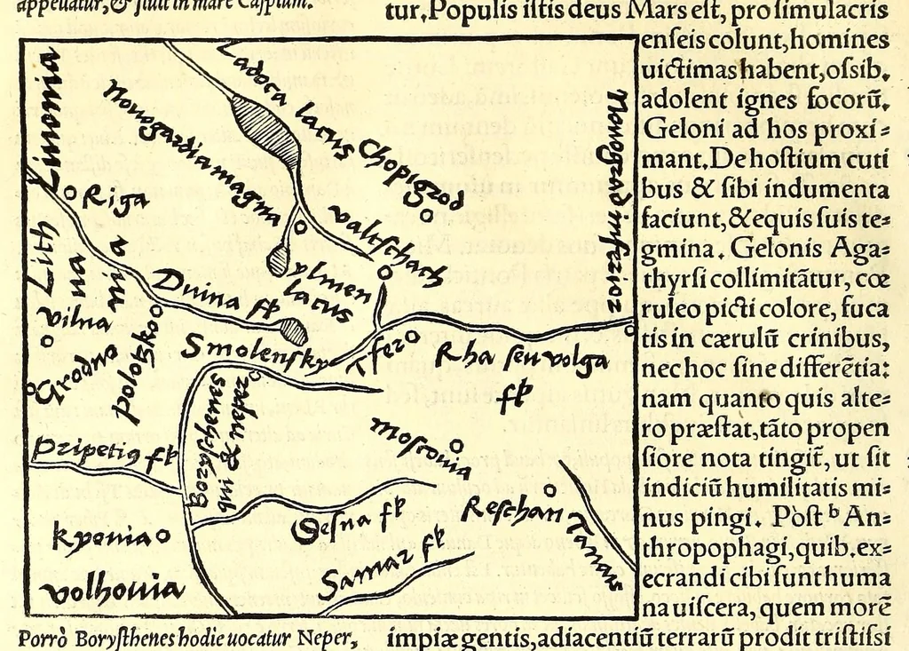 An illustration from C. Iulii Solini Polyhistor, rerum toto orbe memorabilium thesaurus locupletissimus. : Huic ob argumenti similitudinem Pomponii Melæ De situ orbis libros tres, fide diligentiaque summa denuò iam recognitos, adiunximus. His accesserunt præter priora scholia & tabulas geographicas permultas, Petri quoq[ue] Olivarii Valentini, uiri in geographia excellenter docti, annotationes, quibus & loci non pauci, à plerisq[ue] parum hactenus intellecti, dilucidè illustrantur, & uetustis locorum appellationibus recentiora sigillatim nomina subijciuntur. Cum gemino indice, quorum alter supra res alias memorabiles, locorum ac regionum omnium, marium ac sinuum nomina, alter uerò recentiores eorundem appellationes complectitur, 1543, leaf 76