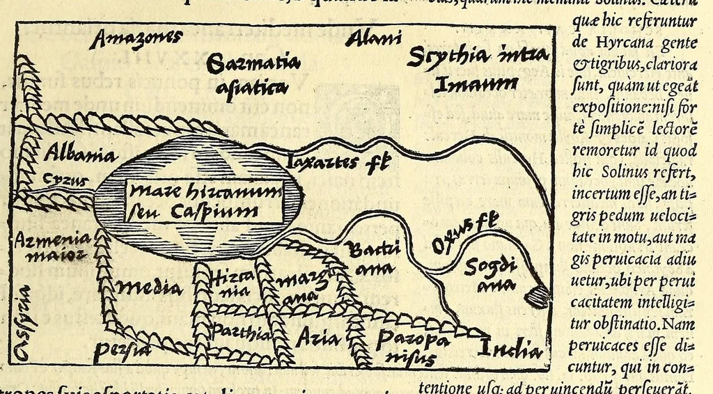 An illustration from C. Iulii Solini Polyhistor, rerum toto orbe memorabilium thesaurus locupletissimus. : Huic ob argumenti similitudinem Pomponii Melæ De situ orbis libros tres, fide diligentiaque summa denuò iam recognitos, adiunximus. His accesserunt præter priora scholia & tabulas geographicas permultas, Petri quoq[ue] Olivarii Valentini, uiri in geographia excellenter docti, annotationes, quibus & loci non pauci, à plerisq[ue] parum hactenus intellecti, dilucidè illustrantur, & uetustis locorum appellationibus recentiora sigillatim nomina subijciuntur. Cum gemino indice, quorum alter supra res alias memorabiles, locorum ac regionum omnium, marium ac sinuum nomina, alter uerò recentiores eorundem appellationes complectitur, 1543, leaf 81