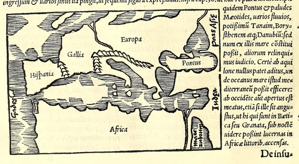 An illustration from C. Iulii Solini Polyhistor, rerum toto orbe memorabilium thesaurus locupletissimus. : Huic ob argumenti similitudinem Pomponii Melæ De situ orbis libros tres, fide diligentiaque summa denuò iam recognitos, adiunximus. His accesserunt præter priora scholia & tabulas geographicas permultas, Petri quoq[ue] Olivarii Valentini, uiri in geographia excellenter docti, annotationes, quibus & loci non pauci, à plerisq[ue] parum hactenus intellecti, dilucidè illustrantur, & uetustis locorum appellationibus recentiora sigillatim nomina subijciuntur. Cum gemino indice, quorum alter supra res alias memorabiles, locorum ac regionum omnium, marium ac sinuum nomina, alter uerò recentiores eorundem appellationes complectitur, 1543, leaf 82