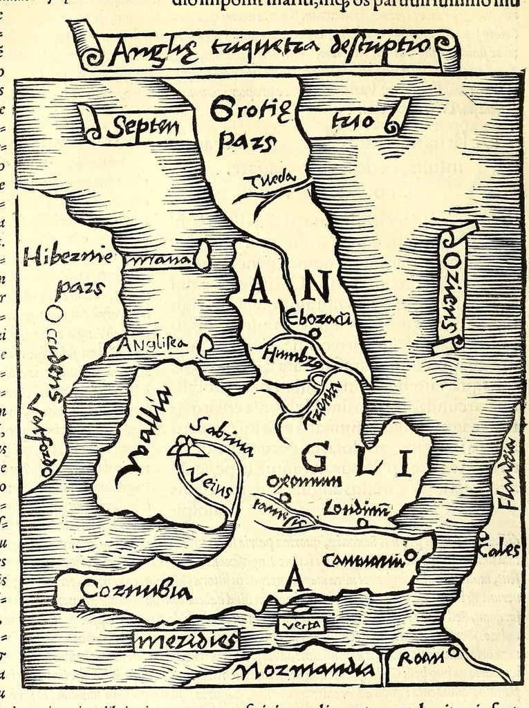 An illustration from C. Iulii Solini Polyhistor, rerum toto orbe memorabilium thesaurus locupletissimus. : Huic ob argumenti similitudinem Pomponii Melæ De situ orbis libros tres, fide diligentiaque summa denuò iam recognitos, adiunximus. His accesserunt præter priora scholia & tabulas geographicas permultas, Petri quoq[ue] Olivarii Valentini, uiri in geographia excellenter docti, annotationes, quibus & loci non pauci, à plerisq[ue] parum hactenus intellecti, dilucidè illustrantur, & uetustis locorum appellationibus recentiora sigillatim nomina subijciuntur. Cum gemino indice, quorum alter supra res alias memorabiles, locorum ac regionum omnium, marium ac sinuum nomina, alter uerò recentiores eorundem appellationes complectitur, 1543, leaf 90