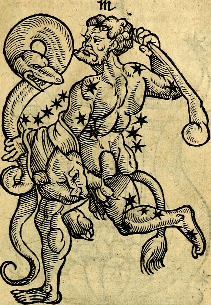 An illustration from C. Ivlii Hygini, Avgvsti liberti, Fabvlarvm liber ... Eivsdem Poeticon astronomicon libri quatuor. Quibus accessererunt similis argumenti, Palæphati De fabulosis narrationibus liber I. F. Fvlgentii Placiadis ... Mythologiarum libri III. Eivsdem De vocum antiquarum interpretatione liber I. Phornvti De natura deorum, siue Poëticarum fabularum allegoriis, speculatio. Albrici ... De deorum imaginibus liber. Arati fragmentum, Germanico Cæsare interprete. Eivsdem Phænomena græcè, cu interpretatione latina. Apollodori Biblioth. siue De decorum origine. Lilii. G. Gyraldi. De musis syntagnia. Index rerum sententiarum, & fabularum ... copiosissimus, 1578, leaf 174