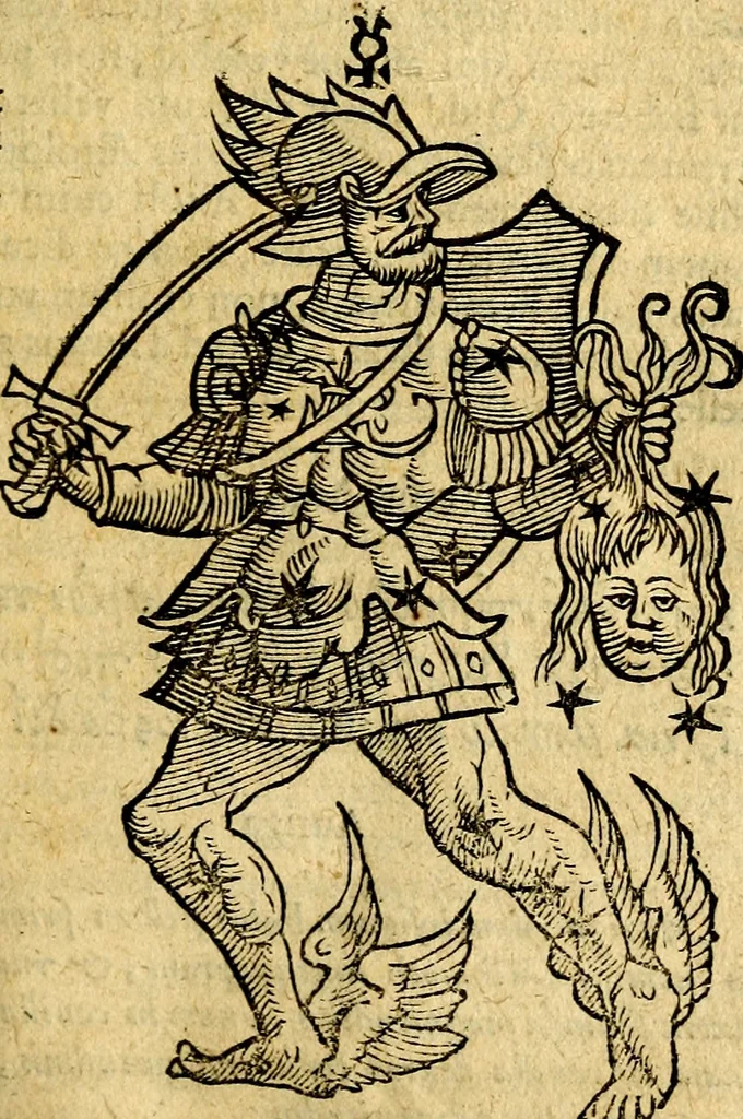 An illustration from C. Ivlii Hygini, Avgvsti liberti, Fabvlarvm liber ... Eivsdem Poeticon astronomicon libri quatuor. Quibus accessererunt similis argumenti, Palæphati De fabulosis narrationibus liber I. F. Fvlgentii Placiadis ... Mythologiarum libri III. Eivsdem De vocum antiquarum interpretatione liber I. Phornvti De natura deorum, siue Poëticarum fabularum allegoriis, speculatio. Albrici ... De deorum imaginibus liber. Arati fragmentum, Germanico Cæsare interprete. Eivsdem Phænomena græcè, cu interpretatione latina. Apollodori Biblioth. siue De decorum origine. Lilii. G. Gyraldi. De musis syntagnia. Index rerum sententiarum, & fabularum ... copiosissimus, 1578, leaf 180