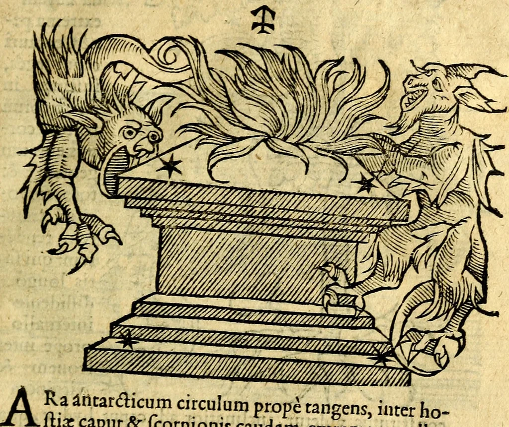 An illustration from C. Ivlii Hygini, Avgvsti liberti, Fabvlarvm liber ... Eivsdem Poeticon astronomicon libri quatuor. Quibus accessererunt similis argumenti, Palæphati De fabulosis narrationibus liber I. F. Fvlgentii Placiadis ... Mythologiarum libri III. Eivsdem De vocum antiquarum interpretatione liber I. Phornvti De natura deorum, siue Poëticarum fabularum allegoriis, speculatio. Albrici ... De deorum imaginibus liber. Arati fragmentum, Germanico Cæsare interprete. Eivsdem Phænomena græcè, cu interpretatione latina. Apollodori Biblioth. siue De decorum origine. Lilii. G. Gyraldi. De musis syntagnia. Index rerum sententiarum, & fabularum ... copiosissimus, 1578, leaf 206
