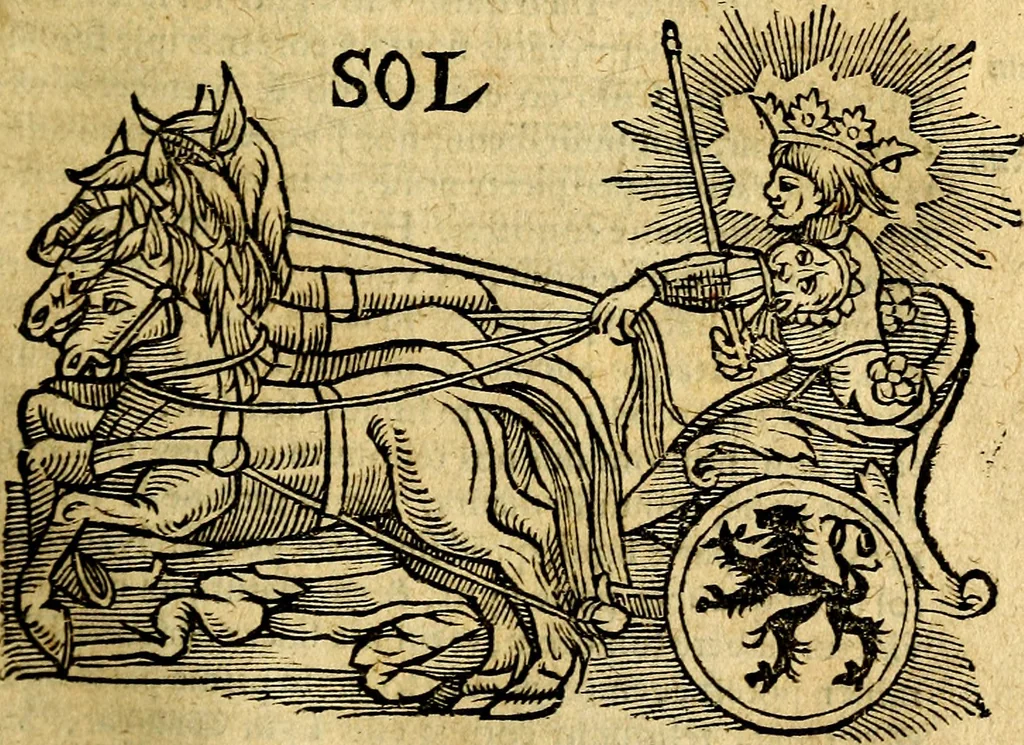 An illustration from C. Ivlii Hygini, Avgvsti liberti, Fabvlarvm liber ... Eivsdem Poeticon astronomicon libri quatuor. Quibus accessererunt similis argumenti, Palæphati De fabulosis narrationibus liber I. F. Fvlgentii Placiadis ... Mythologiarum libri III. Eivsdem De vocum antiquarum interpretatione liber I. Phornvti De natura deorum, siue Poëticarum fabularum allegoriis, speculatio. Albrici ... De deorum imaginibus liber. Arati fragmentum, Germanico Cæsare interprete. Eivsdem Phænomena græcè, cu interpretatione latina. Apollodori Biblioth. siue De decorum origine. Lilii. G. Gyraldi. De musis syntagnia. Index rerum sententiarum, & fabularum ... copiosissimus, 1578, leaf 220