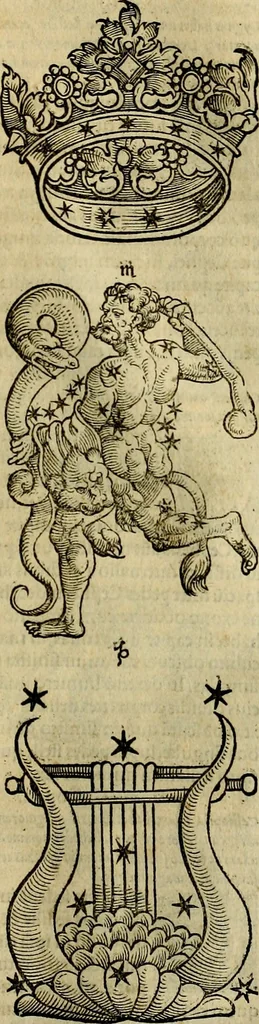 An illustration from C. Ivlii Hygini, Avgvsti liberti, Fabvlarvm liber ... antehac nunquam excusus. Evisdem Poeticon astronomicon libri quatuor. Quibus accesserunt similis agrumenti, Palaephati De fabulosis narrationibus, liber I. F. Fvlgentii Placiadis ... Mythologiarum libri III. Eivsdem De uocum antiquarum interpretatione, liber I. Arati Phainomenon fragmentum, Germanico Caesare interprete. Eivsdem Phaenomena Graece, cum interpretatione latina Procli De sphaera libellus, Graece & Latine. Index rerum & fabularum .., 1535, leaf 116