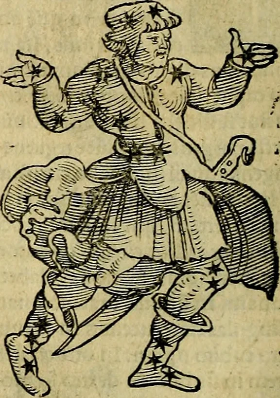An illustration from C. Ivlii Hygini, Avgvsti liberti, Fabvlarvm liber ... antehac nunquam excusus. Evisdem Poeticon astronomicon libri quatuor. Quibus accesserunt similis agrumenti, Palaephati De fabulosis narrationibus, liber I. F. Fvlgentii Placiadis ... Mythologiarum libri III. Eivsdem De uocum antiquarum interpretatione, liber I. Arati Phainomenon fragmentum, Germanico Caesare interprete. Eivsdem Phaenomena Graece, cum interpretatione latina Procli De sphaera libellus, Graece & Latine. Index rerum & fabularum .., 1535, leaf 117