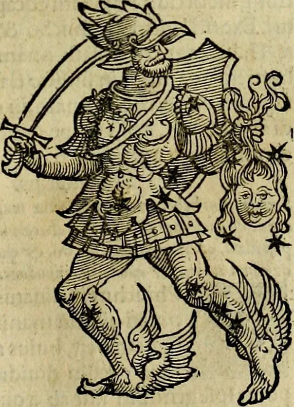An illustration from C. Ivlii Hygini, Avgvsti liberti, Fabvlarvm liber ... antehac nunquam excusus. Evisdem Poeticon astronomicon libri quatuor. Quibus accesserunt similis agrumenti, Palaephati De fabulosis narrationibus, liber I. F. Fvlgentii Placiadis ... Mythologiarum libri III. Eivsdem De uocum antiquarum interpretatione, liber I. Arati Phainomenon fragmentum, Germanico Caesare interprete. Eivsdem Phaenomena Graece, cum interpretatione latina Procli De sphaera libellus, Graece & Latine. Index rerum & fabularum .., 1535, leaf 118