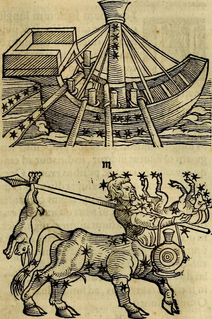 An illustration from C. Ivlii Hygini, Avgvsti liberti, Fabvlarvm liber ... antehac nunquam excusus. Evisdem Poeticon astronomicon libri quatuor. Quibus accesserunt similis agrumenti, Palaephati De fabulosis narrationibus, liber I. F. Fvlgentii Placiadis ... Mythologiarum libri III. Eivsdem De uocum antiquarum interpretatione, liber I. Arati Phainomenon fragmentum, Germanico Caesare interprete. Eivsdem Phaenomena Graece, cum interpretatione latina Procli De sphaera libellus, Graece & Latine. Index rerum & fabularum .., 1535, leaf 128