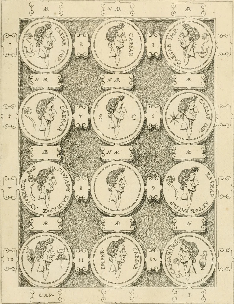 An illustration from C. Ivlivs Caesar, sive, Historiae imperatorvm Caesarvmqve romanorvm ex antiqvis nvmismatibvs restitvtae liber primvs : acessit C. Ivlii Caesaris vita et res gestae, 1563, leaf 38