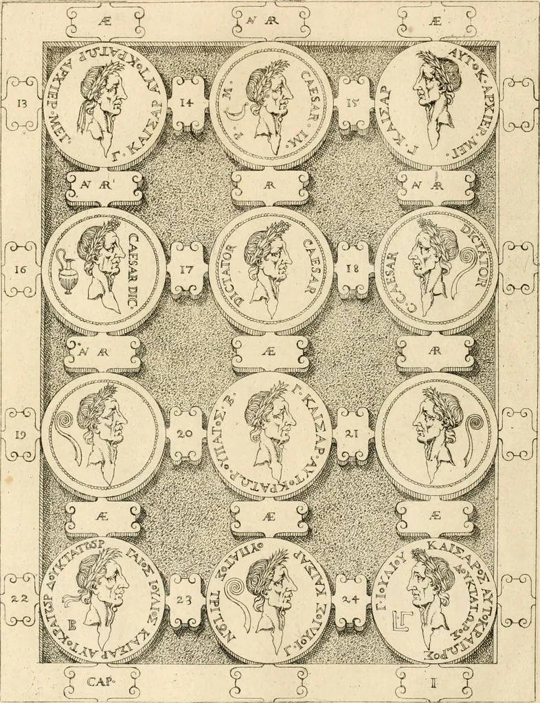 An illustration from C. Ivlivs Caesar, sive, Historiae imperatorvm Caesarvmqve romanorvm ex antiqvis nvmismatibvs restitvtae liber primvs : acessit C. Ivlii Caesaris vita et res gestae, 1563, leaf 39