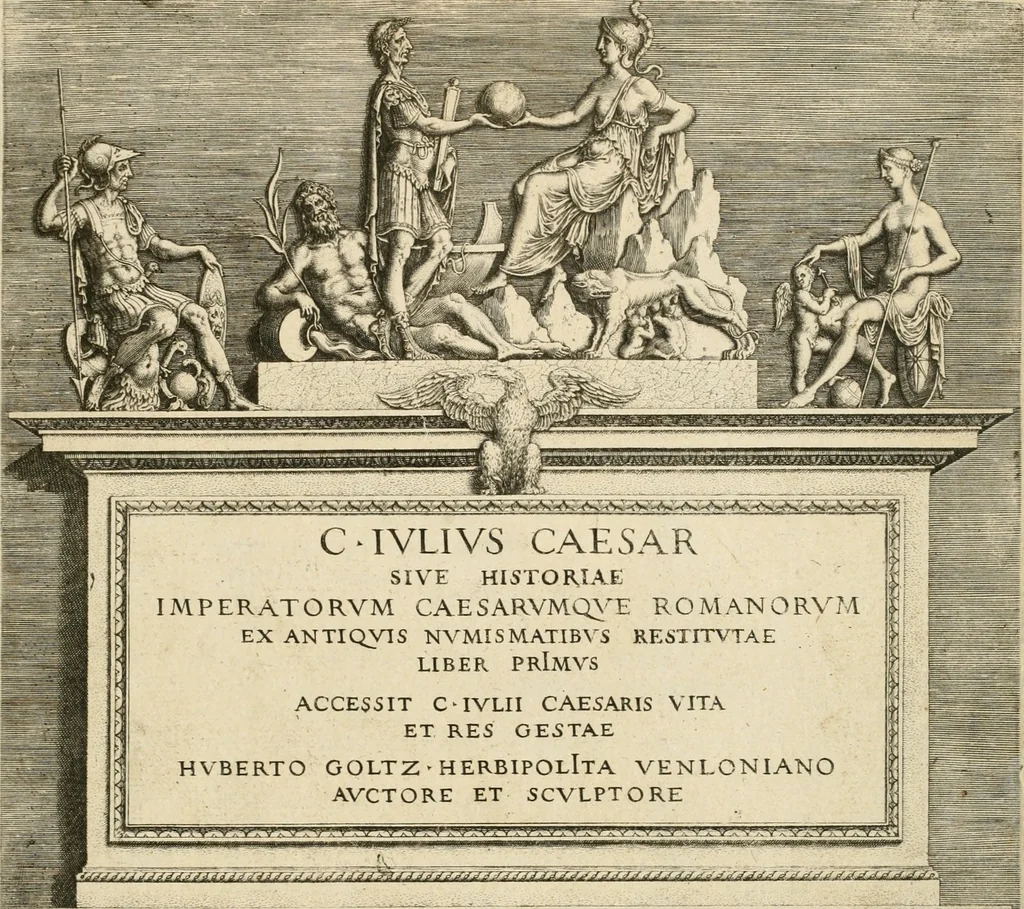 An illustration from C. Ivlivs Caesar, sive, Historiae imperatorvm Caesarvmqve romanorvm ex antiqvis nvmismatibvs restitvtae liber primvs : acessit C. Ivlii Caesaris vita et res gestae, 1563, leaf 4