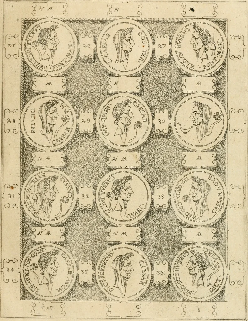 An illustration from C. Ivlivs Caesar, sive, Historiae imperatorvm Caesarvmqve romanorvm ex antiqvis nvmismatibvs restitvtae liber primvs : acessit C. Ivlii Caesaris vita et res gestae, 1563, leaf 40