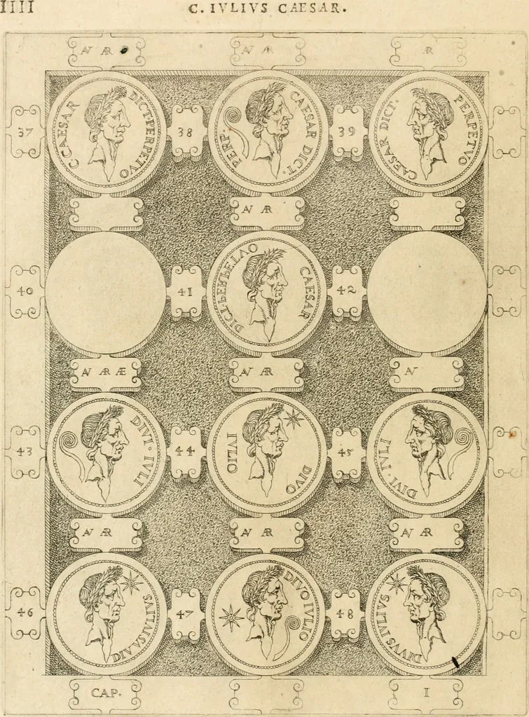 An illustration from C. Ivlivs Caesar, sive, Historiae imperatorvm Caesarvmqve romanorvm ex antiqvis nvmismatibvs restitvtae liber primvs : acessit C. Ivlii Caesaris vita et res gestae, 1563, leaf 41