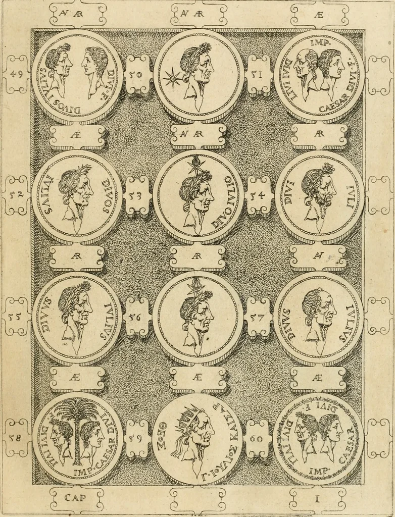 An illustration from C. Ivlivs Caesar, sive, Historiae imperatorvm Caesarvmqve romanorvm ex antiqvis nvmismatibvs restitvtae liber primvs : acessit C. Ivlii Caesaris vita et res gestae, 1563, leaf 42