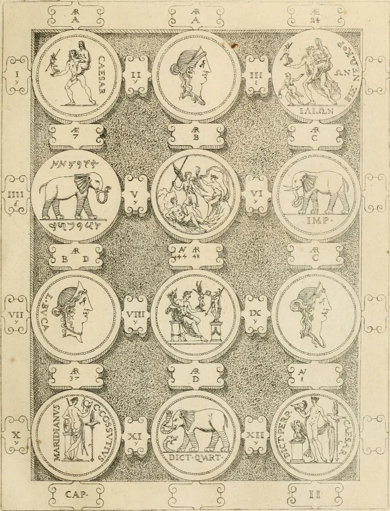 An illustration from C. Ivlivs Caesar, sive, Historiae imperatorvm Caesarvmqve romanorvm ex antiqvis nvmismatibvs restitvtae liber primvs : acessit C. Ivlii Caesaris vita et res gestae, 1563, leaf 44