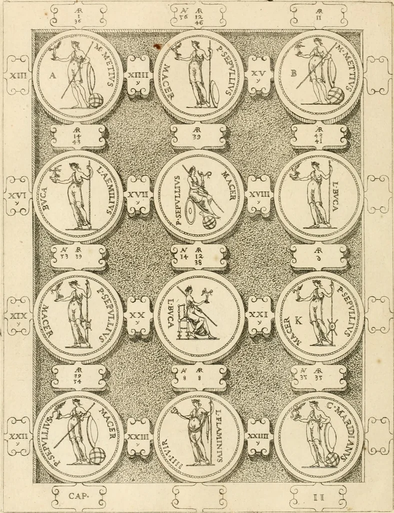 An illustration from C. Ivlivs Caesar, sive, Historiae imperatorvm Caesarvmqve romanorvm ex antiqvis nvmismatibvs restitvtae liber primvs : acessit C. Ivlii Caesaris vita et res gestae, 1563, leaf 45