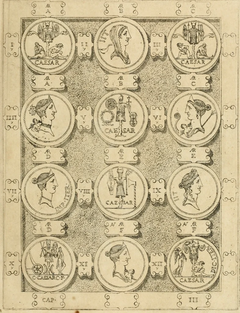 An illustration from C. Ivlivs Caesar, sive, Historiae imperatorvm Caesarvmqve romanorvm ex antiqvis nvmismatibvs restitvtae liber primvs : acessit C. Ivlii Caesaris vita et res gestae, 1563, leaf 46