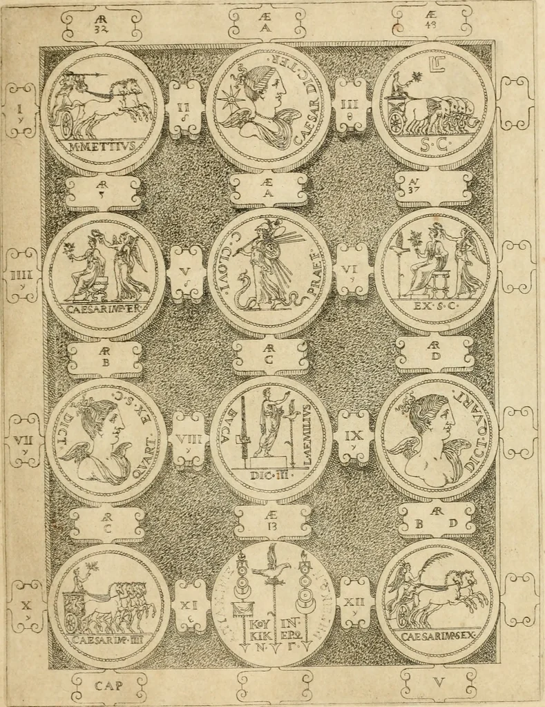 An illustration from C. Ivlivs Caesar, sive, Historiae imperatorvm Caesarvmqve romanorvm ex antiqvis nvmismatibvs restitvtae liber primvs : acessit C. Ivlii Caesaris vita et res gestae, 1563, leaf 48