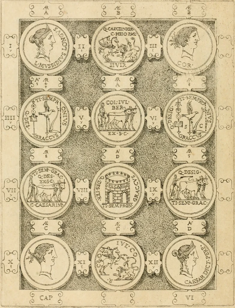 An illustration from C. Ivlivs Caesar, sive, Historiae imperatorvm Caesarvmqve romanorvm ex antiqvis nvmismatibvs restitvtae liber primvs : acessit C. Ivlii Caesaris vita et res gestae, 1563, leaf 49