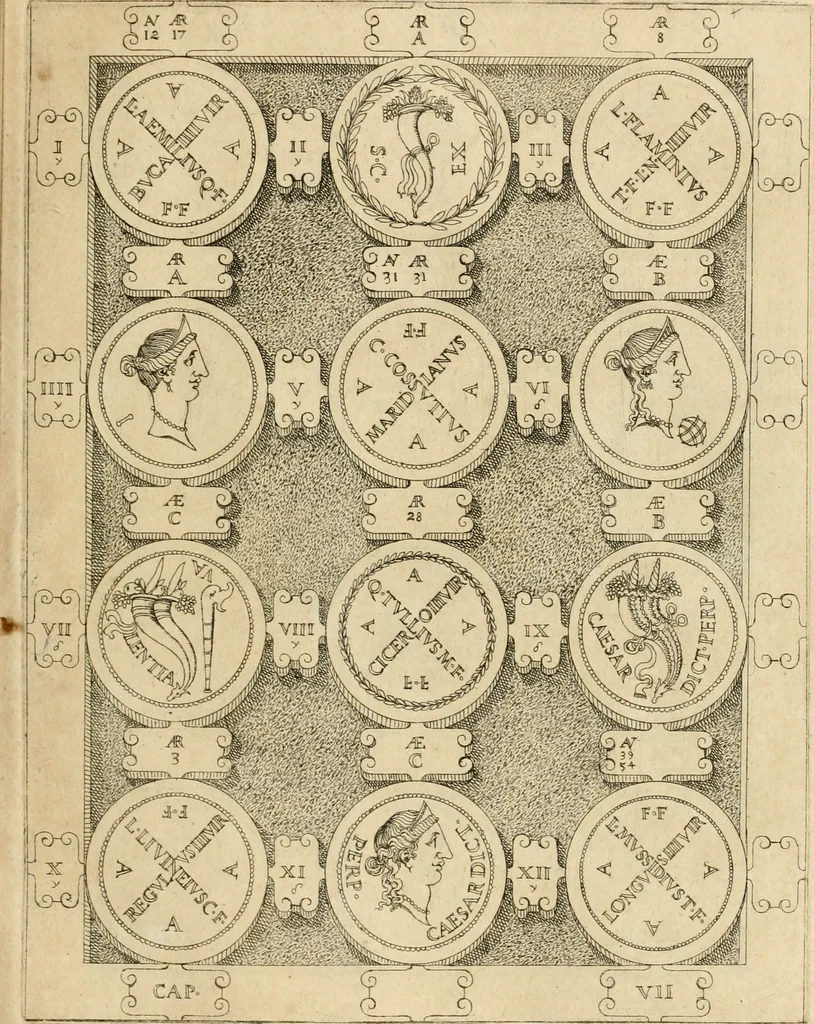 An illustration from C. Ivlivs Caesar, sive, Historiae imperatorvm Caesarvmqve romanorvm ex antiqvis nvmismatibvs restitvtae liber primvs : acessit C. Ivlii Caesaris vita et res gestae, 1563, leaf 50