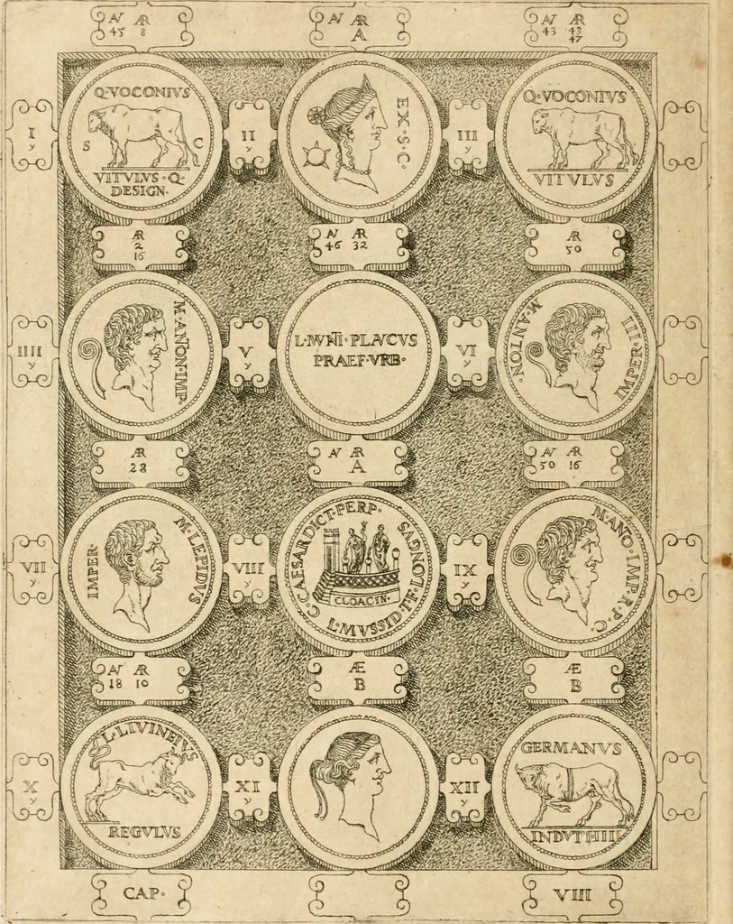 An illustration from C. Ivlivs Caesar, sive, Historiae imperatorvm Caesarvmqve romanorvm ex antiqvis nvmismatibvs restitvtae liber primvs : acessit C. Ivlii Caesaris vita et res gestae, 1563, leaf 51