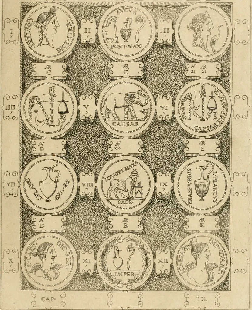 An illustration from C. Ivlivs Caesar, sive, Historiae imperatorvm Caesarvmqve romanorvm ex antiqvis nvmismatibvs restitvtae liber primvs : acessit C. Ivlii Caesaris vita et res gestae, 1563, leaf 52