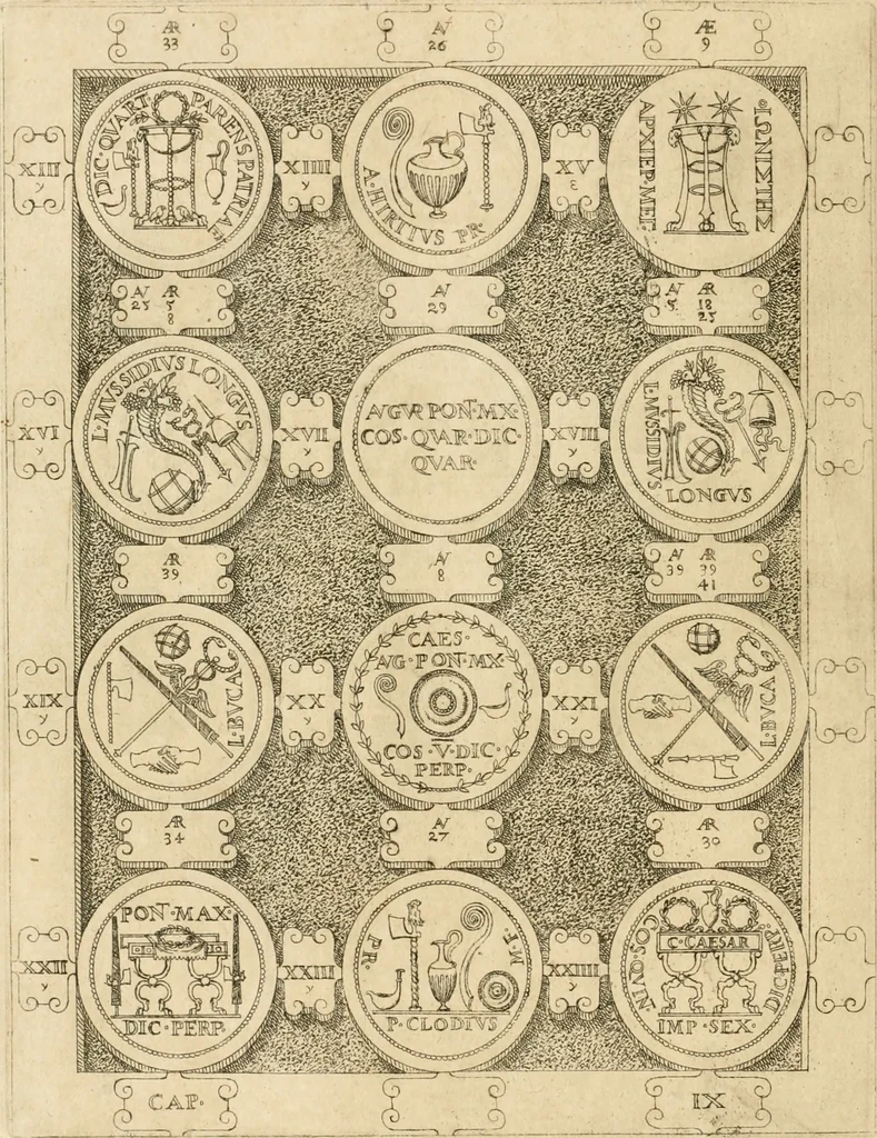 An illustration from C. Ivlivs Caesar, sive, Historiae imperatorvm Caesarvmqve romanorvm ex antiqvis nvmismatibvs restitvtae liber primvs : acessit C. Ivlii Caesaris vita et res gestae, 1563, leaf 53