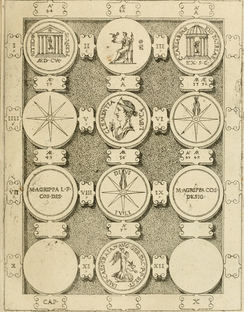 An illustration from C. Ivlivs Caesar, sive, Historiae imperatorvm Caesarvmqve romanorvm ex antiqvis nvmismatibvs restitvtae liber primvs : acessit C. Ivlii Caesaris vita et res gestae, 1563, leaf 54