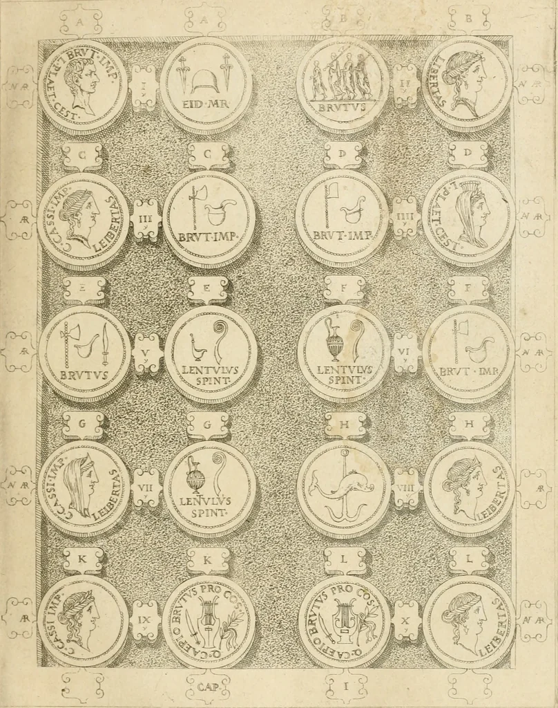 An illustration from C. Ivlivs Caesar, sive, Historiae imperatorvm Caesarvmqve romanorvm ex antiqvis nvmismatibvs restitvtae liber primvs : acessit C. Ivlii Caesaris vita et res gestae, 1563, leaf 58