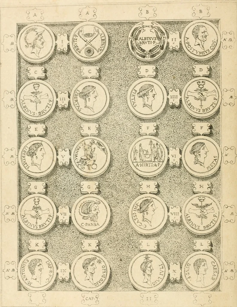 An illustration from C. Ivlivs Caesar, sive, Historiae imperatorvm Caesarvmqve romanorvm ex antiqvis nvmismatibvs restitvtae liber primvs : acessit C. Ivlii Caesaris vita et res gestae, 1563, leaf 59