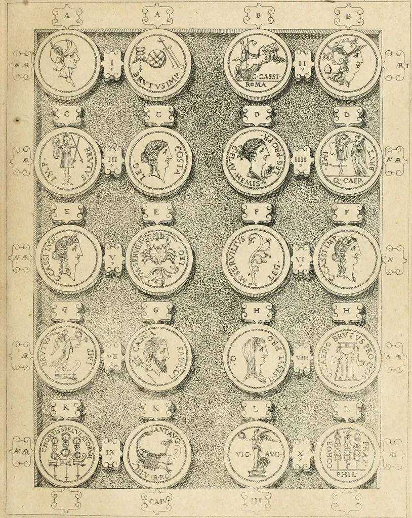 An illustration from C. Ivlivs Caesar, sive, Historiae imperatorvm Caesarvmqve romanorvm ex antiqvis nvmismatibvs restitvtae liber primvs : acessit C. Ivlii Caesaris vita et res gestae, 1563, leaf 60