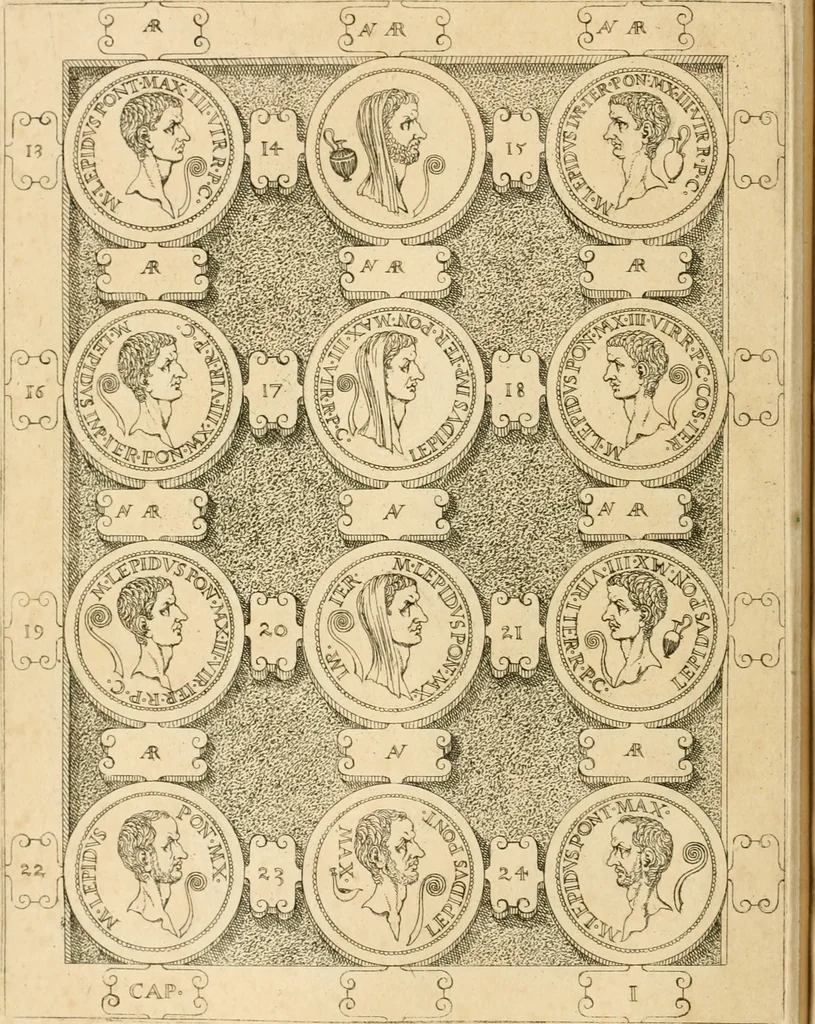 An illustration from C. Ivlivs Caesar, sive, Historiae imperatorvm Caesarvmqve romanorvm ex antiqvis nvmismatibvs restitvtae liber primvs : acessit C. Ivlii Caesaris vita et res gestae, 1563, leaf 63