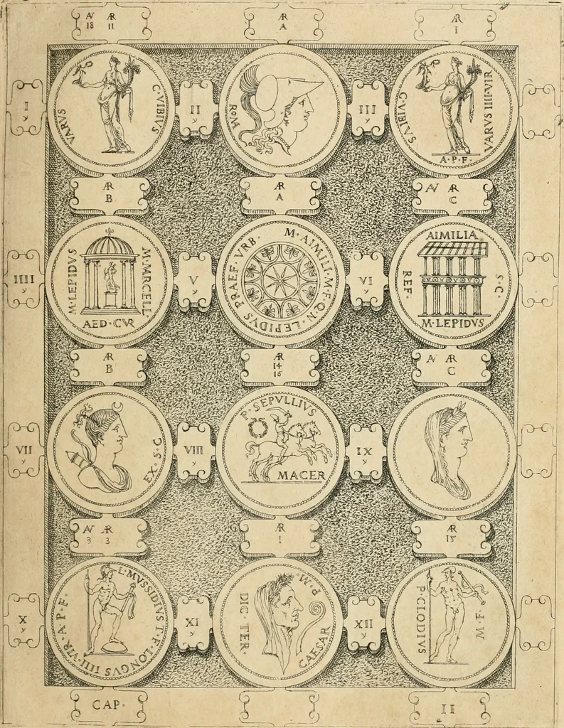 An illustration from C. Ivlivs Caesar, sive, Historiae imperatorvm Caesarvmqve romanorvm ex antiqvis nvmismatibvs restitvtae liber primvs : acessit C. Ivlii Caesaris vita et res gestae, 1563, leaf 66