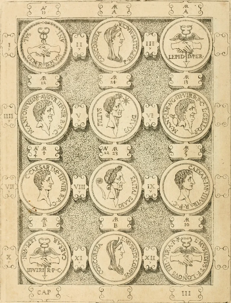 An illustration from C. Ivlivs Caesar, sive, Historiae imperatorvm Caesarvmqve romanorvm ex antiqvis nvmismatibvs restitvtae liber primvs : acessit C. Ivlii Caesaris vita et res gestae, 1563, leaf 67
