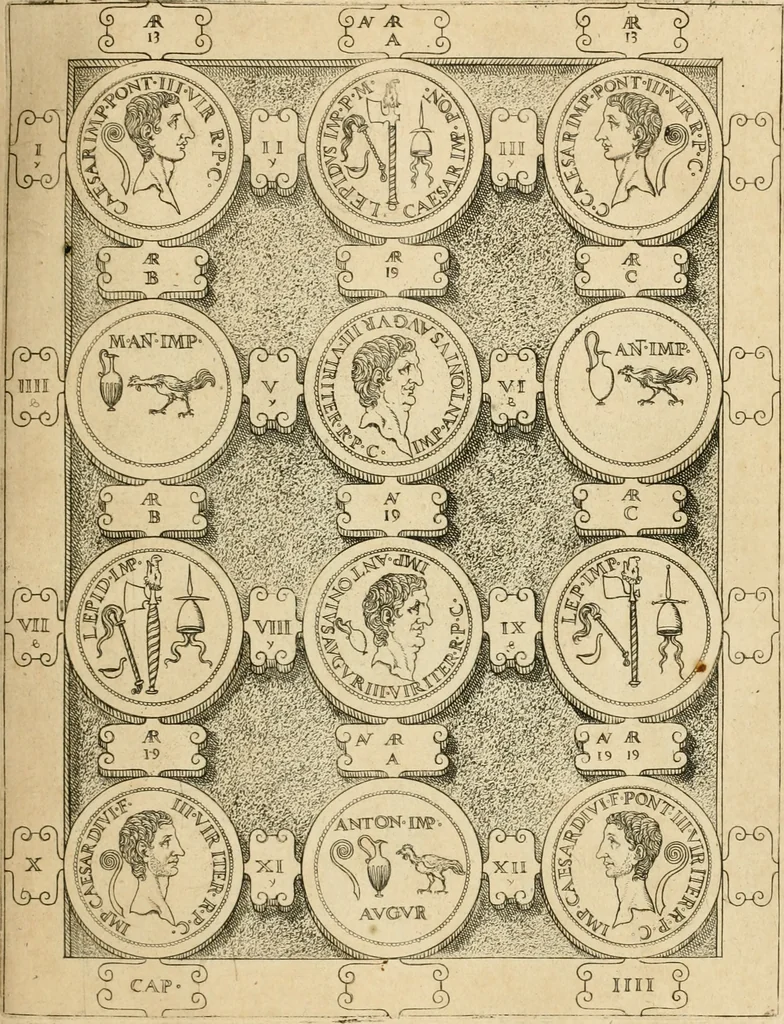 An illustration from C. Ivlivs Caesar, sive, Historiae imperatorvm Caesarvmqve romanorvm ex antiqvis nvmismatibvs restitvtae liber primvs : acessit C. Ivlii Caesaris vita et res gestae, 1563, leaf 68