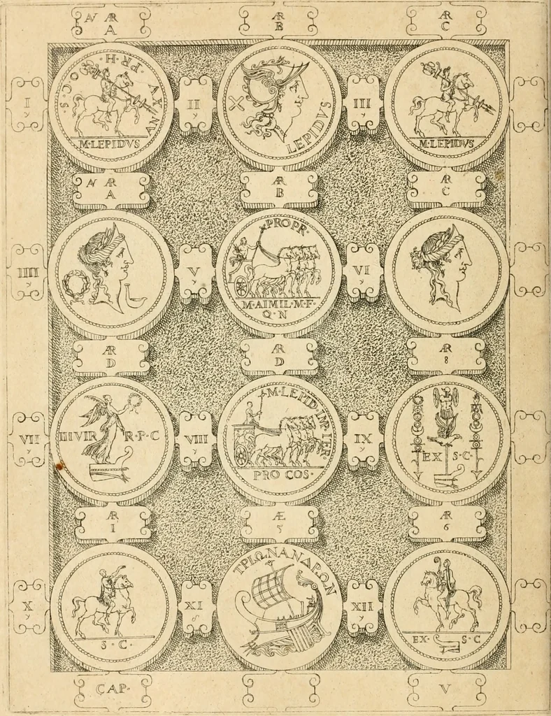 An illustration from C. Ivlivs Caesar, sive, Historiae imperatorvm Caesarvmqve romanorvm ex antiqvis nvmismatibvs restitvtae liber primvs : acessit C. Ivlii Caesaris vita et res gestae, 1563, leaf 69