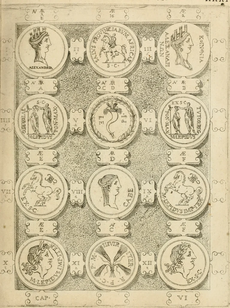 An illustration from C. Ivlivs Caesar, sive, Historiae imperatorvm Caesarvmqve romanorvm ex antiqvis nvmismatibvs restitvtae liber primvs : acessit C. Ivlii Caesaris vita et res gestae, 1563, leaf 70