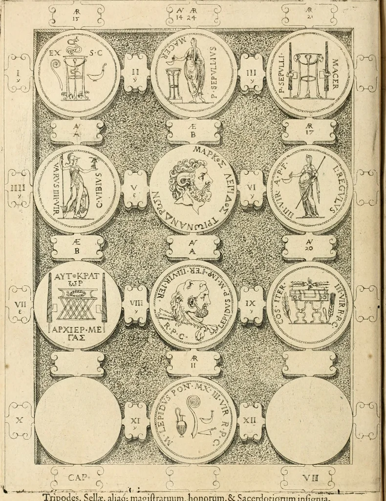 An illustration from C. Ivlivs Caesar, sive, Historiae imperatorvm Caesarvmqve romanorvm ex antiqvis nvmismatibvs restitvtae liber primvs : acessit C. Ivlii Caesaris vita et res gestae, 1563, leaf 71
