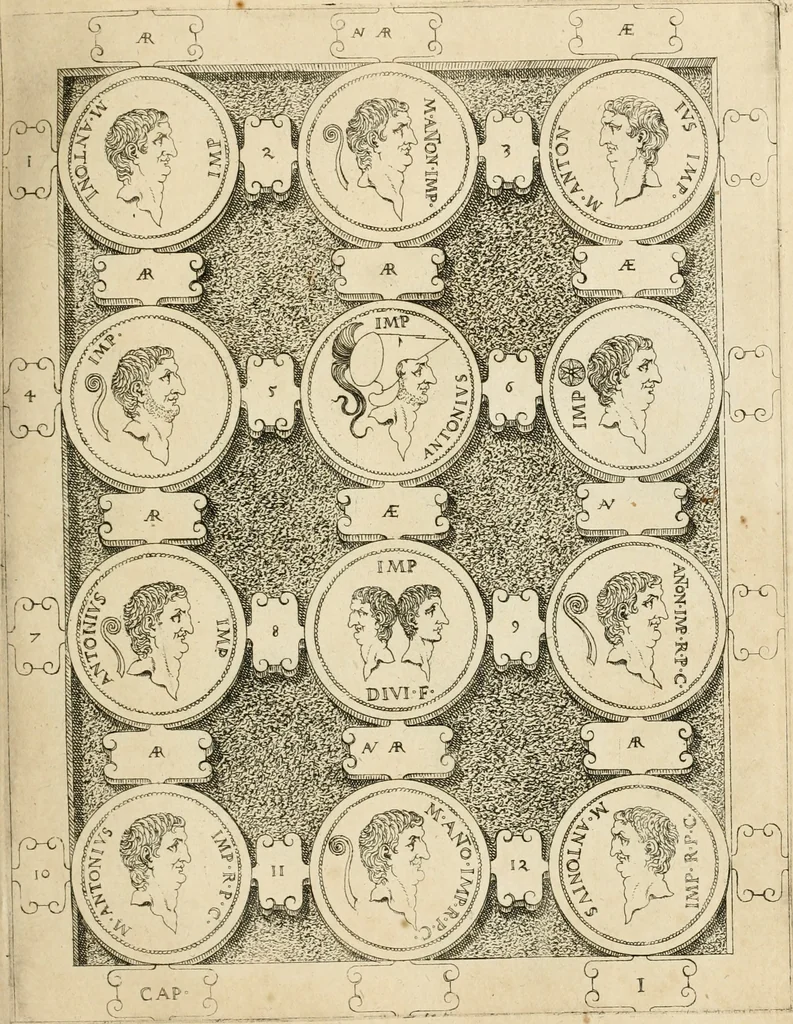 An illustration from C. Ivlivs Caesar, sive, Historiae imperatorvm Caesarvmqve romanorvm ex antiqvis nvmismatibvs restitvtae liber primvs : acessit C. Ivlii Caesaris vita et res gestae, 1563, leaf 74