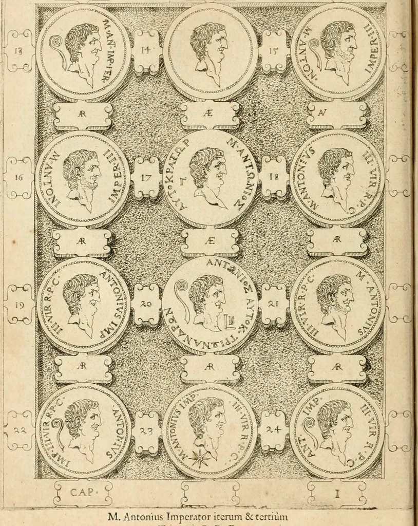 An illustration from C. Ivlivs Caesar, sive, Historiae imperatorvm Caesarvmqve romanorvm ex antiqvis nvmismatibvs restitvtae liber primvs : acessit C. Ivlii Caesaris vita et res gestae, 1563, leaf 75