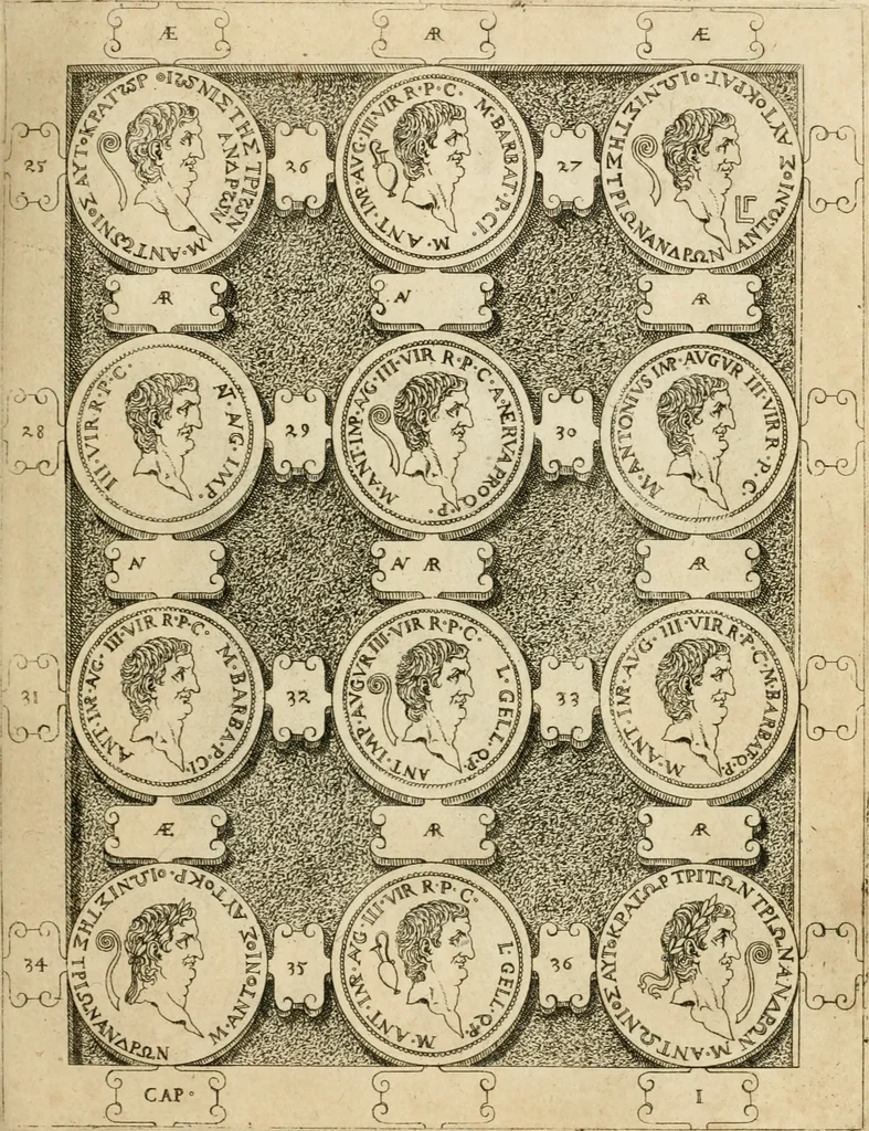 An illustration from C. Ivlivs Caesar, sive, Historiae imperatorvm Caesarvmqve romanorvm ex antiqvis nvmismatibvs restitvtae liber primvs : acessit C. Ivlii Caesaris vita et res gestae, 1563, leaf 76