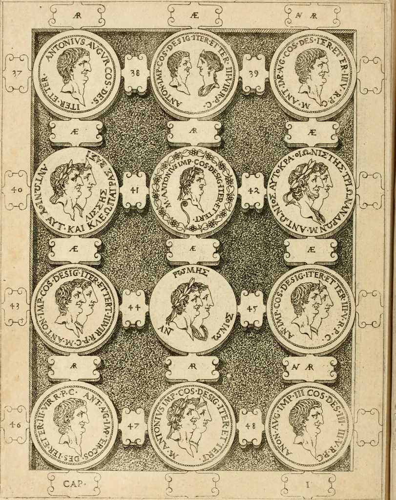 An illustration from C. Ivlivs Caesar, sive, Historiae imperatorvm Caesarvmqve romanorvm ex antiqvis nvmismatibvs restitvtae liber primvs : acessit C. Ivlii Caesaris vita et res gestae, 1563, leaf 77