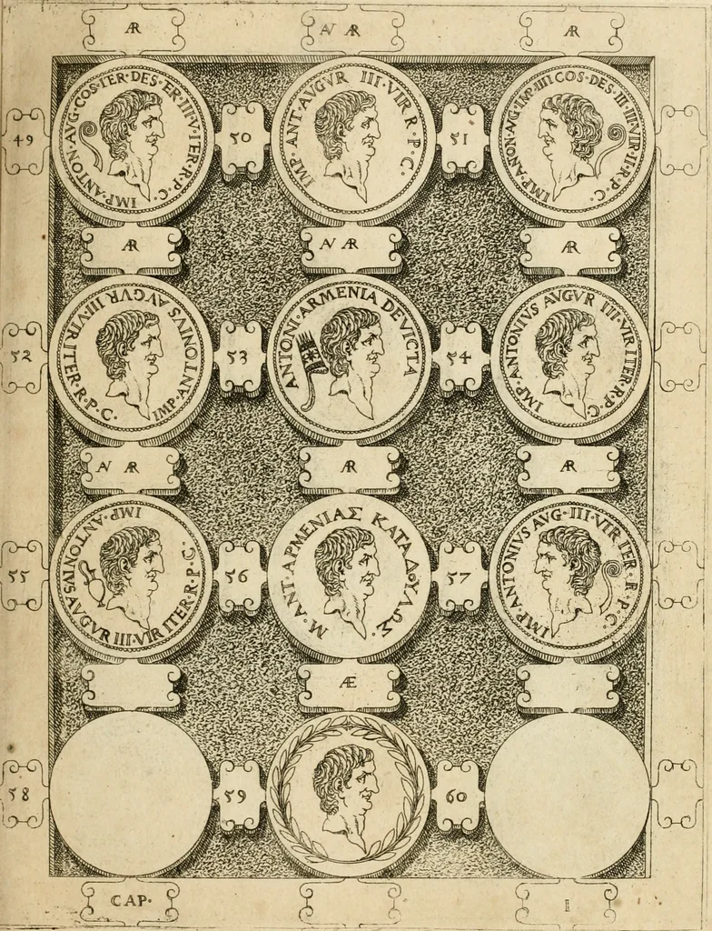 An illustration from C. Ivlivs Caesar, sive, Historiae imperatorvm Caesarvmqve romanorvm ex antiqvis nvmismatibvs restitvtae liber primvs : acessit C. Ivlii Caesaris vita et res gestae, 1563, leaf 78