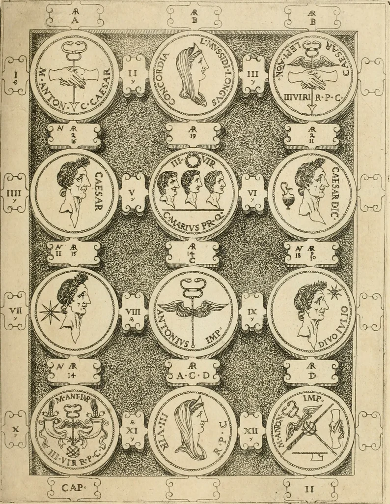 An illustration from C. Ivlivs Caesar, sive, Historiae imperatorvm Caesarvmqve romanorvm ex antiqvis nvmismatibvs restitvtae liber primvs : acessit C. Ivlii Caesaris vita et res gestae, 1563, leaf 80